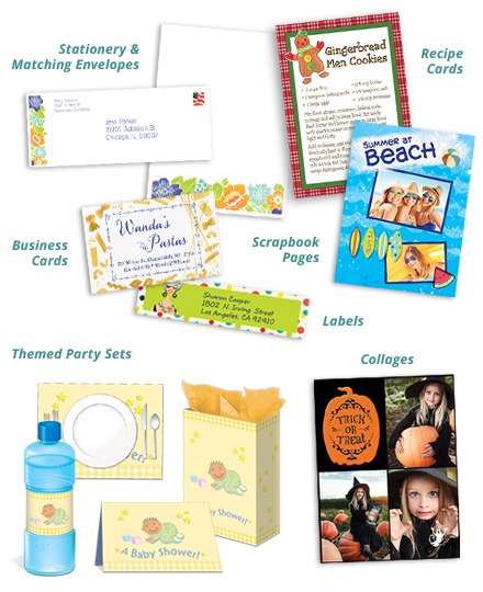 Stationery & Matching Envelopes, Recipe Cards, Business Cards, Scrapbook Pages, Labels, Theme Party Sets, Collages
