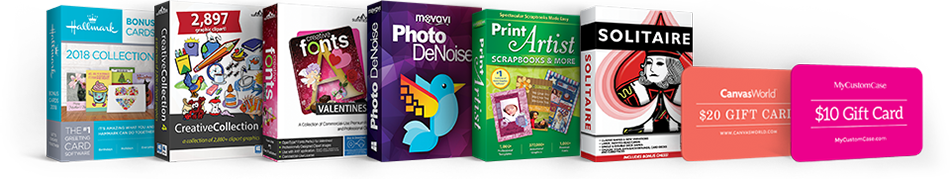 Hallmark Bonus Cards & Projects 2018, Creative Art 4 Clip Art, New Creative Fontts Pack, Photo DeNoise, Print Artist: Scrapbooks & More, Brain Games Solitaire & Chess, CanvasWorld Gift Card, MyCustomCase Gift Card