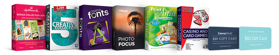 Hallmark Bonus Cards & Projects 2019, Creative Art 4 Clip Art, New Creative Fontts Pack, Photo DeNoise, Print Artist: Scrapbooks & More, Brain Games Solitaire & Chess, CanvasWorld Gift Card, MyCustomCase Gift Card